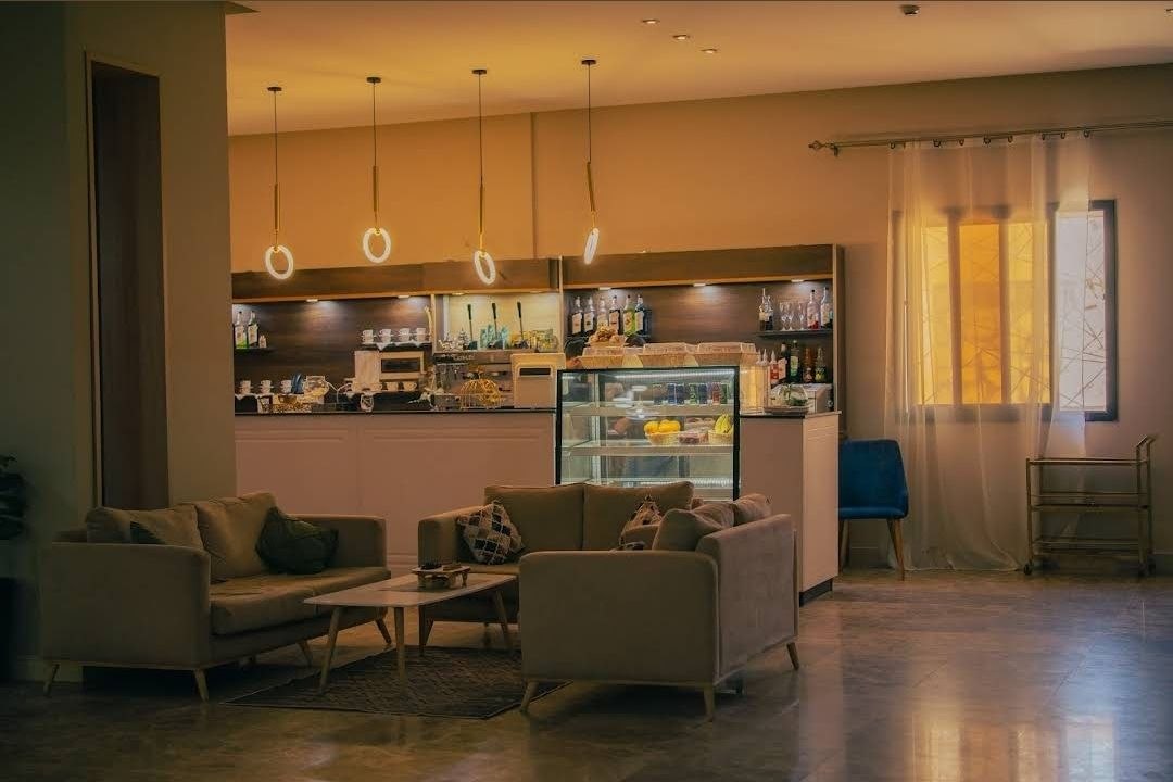 Cosy lounge and café area at dusk